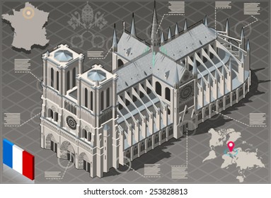 Notre Dame de Paris Isometric Infographic. 3D isometric infographic representing Notre Dame de Paris landmark building with geolocation elements Vector Illustration.