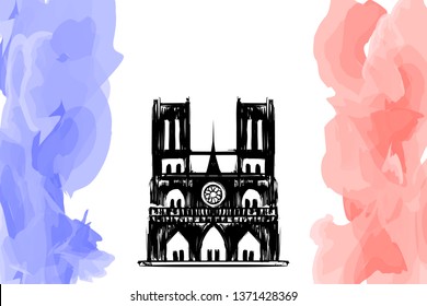 Notre Dame de Paris on fire. Vector sketch postcard. Tragedy for France culture. Cathedral "Our lady of Paris". French landmark in hand drawing style. Catholic church Silhouette and red flame for news