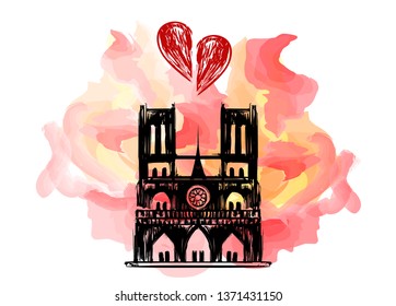 Notre Dame de Paris on fire. Vector sketch postcard. Tragedy for France culture. Cathedral "Our lady of Paris". French landmark in hand drawing style. Catholic church Silhouette and red flame for news