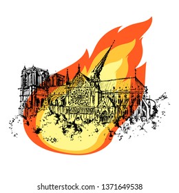 Notre Dame de Paris on fire 2019.  Catholic church with flame. Gothic Cathedral Hand drawn Vector illustration