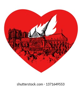 Notre Dame de Paris on fire 2019.  Catholic church with flame. Gothic Cathedral Hand drawn Vector illustration