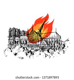 Notre Dame de Paris on fire 2019.  Catholic church with flame. Gothic Cathedral Hand drawn Vector illustration