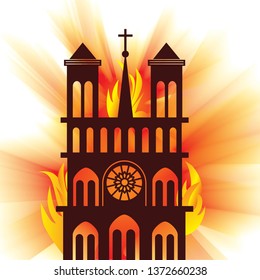 Notre Dame de Paris on fire in 2019 year. Heart of the France burning out concept. Vector Illustration