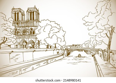 Notre Dame de Paris und die Seine.  Schöne Aussicht auf das alte Paris, Frankreich. Handgezeichnete Skizze. Line Art. Ink Zeichnung. Sepia, Vektorhintergrund auf weiß. Für Illustrationen und Vintage-Postkarten.