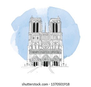 notre dame de paris sketch. hand drawn notre dame cathedral vector illustration.