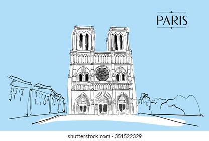 Notre Dame de Paris. Vector illustration, vintage blue sketch style