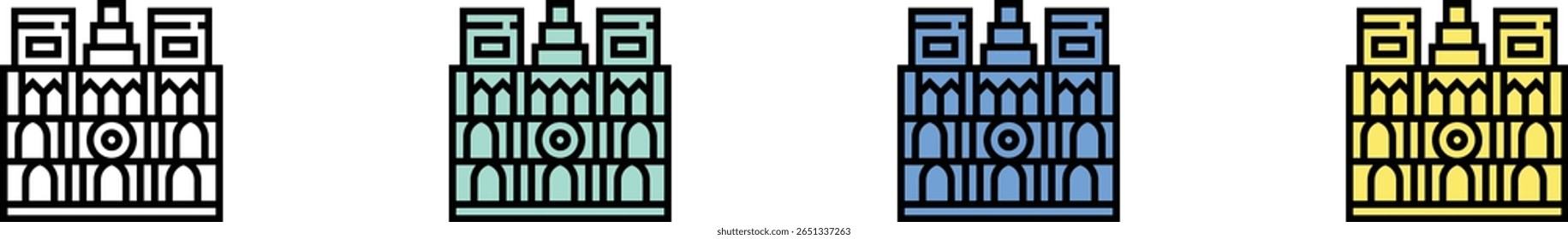 notre dame icon. Outline, Green, Blue and Yellow Style Design Isolated On White Background