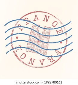 Notre Dame, Paris, France Stamp Postal. Silhouette Seal. Flag Passport Round Design. Vector Icon. Design Retro Travel. National Symbol.