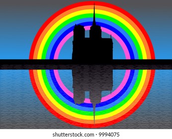 Notre Dame Paris reflected with colourful rainbow