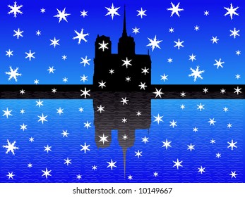 Notre Dame Paris reflected in winter with falling snow