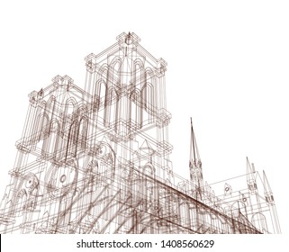 Notre Dame, Paris sketch vector 3d illustration