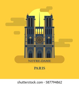 Notre Dame in Paris. Vector illustration. The famous Notre Dame Cathedral.  Cathedral in the sun on a yellow background.