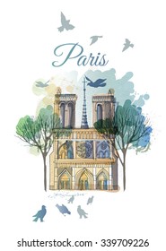 Notre Dame. watercolor vector background of Paris