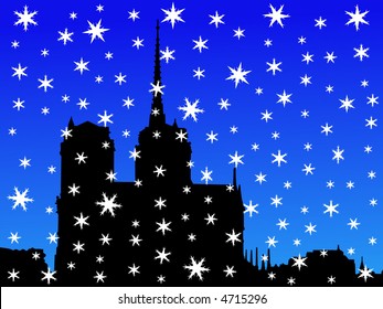 Notre Dame im Winter - Illustration mit fallendem Schnee