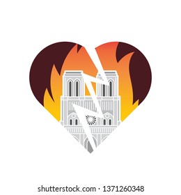 Notre-Dame building on fire, broken heart silhouette