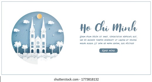 Notre-Dame Cathedral Basilica of Saigon, Ho Chi Minh city. Vietnam's world famous landmark with white frame and label. Travel postcard and poster, brochure, advertising Vector illustration.