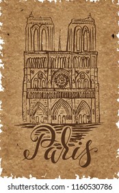 Notre-Dame Cathedral with lettering Paris on a kraft paper, by a brush pen