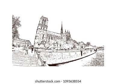 Notre-Dame de Paris. Cathedral in Paris, France. Hand drawn sketch illustration in vector.