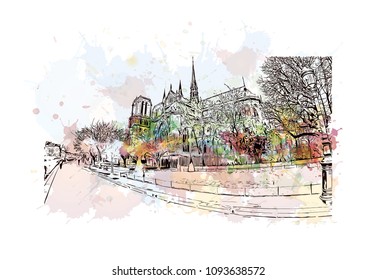 Notre-Dame de Paris. Cathedral in Paris, France. Watercolor splash with Hand drawn sketch illustration in vector.