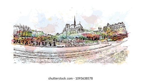 Notre-Dame de Paris. Cathedral in Paris, France. Watercolor splash with Hand drawn sketch illustration in vector.