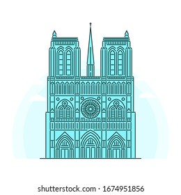 Notre-Dame de Paris Catholic Cathedral. Famous landmark of France. Monument of early Gothic architecture. Linear style outline vector illustration on white background