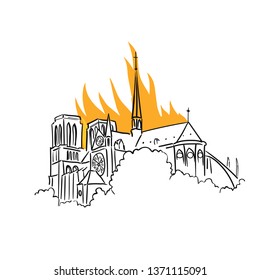 Notre-Dame de Paris fire. Tragic news from France. View of the spire. Cathedral is engulfed flames. Vector Illustration.