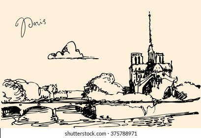 Notre-Dame de Paris on skyline, vintage vector engraved illustration, hand drawn.