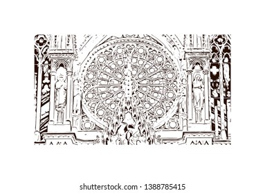 Notre-Dame de Reims, known in English as Reims Cathedral, is a Roman Catholic cathedral in the French city of its same name. Hand drawn sketch illustration in vector.