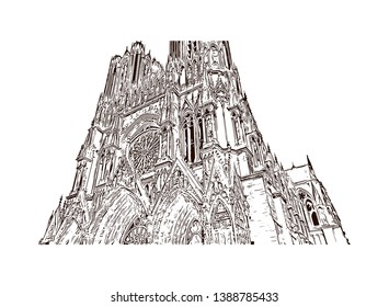 Notre-Dame de Reims, known in English as Reims Cathedral, is a Roman Catholic cathedral in the French city of its same name. Hand drawn sketch illustration in vector.