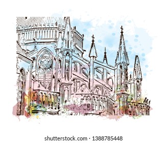 Notre-Dame de Reims, known in English as Reims Cathedral, is a Roman Catholic cathedral in the French city of its same name. Watercolor splash with Hand drawn sketch illustration in vector.