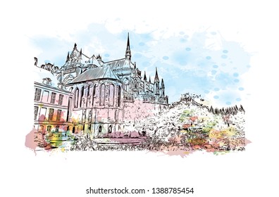 Notre-Dame de Reims, known in English as Reims Cathedral, is a Roman Catholic cathedral in the French city of its same name. Watercolor splash with Hand drawn sketch illustration in vector.