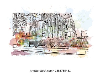 Notre-Dame de Reims, known in English as Reims Cathedral, is a Roman Catholic cathedral in the French city of its same name. Watercolor splash with Hand drawn sketch illustration in vector.