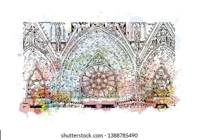 Notre-Dame de Reims, known in English as Reims Cathedral, is a Roman Catholic cathedral in the French city of its same name. Watercolor splash with Hand drawn sketch illustration in vector.
