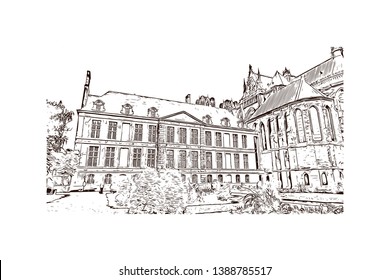 Notre-Dame de Reims, known in English as Reims Cathedral, is a Roman Catholic cathedral in the French city of its same name. Hand drawn sketch illustration in vector.