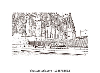 Notre-Dame de Reims, known in English as Reims Cathedral, is a Roman Catholic cathedral in the French city of its same name. Hand drawn sketch illustration in vector.