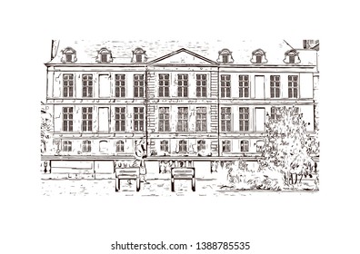 Notre-Dame de Reims, known in English as Reims Cathedral, is a Roman Catholic cathedral in the French city of its same name. Hand drawn sketch illustration in vector.