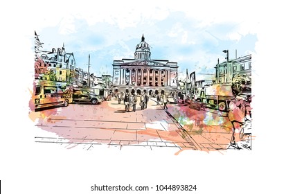 Nottingham City in England. Watercolor splash with hand drawn sketch illustration in vector.