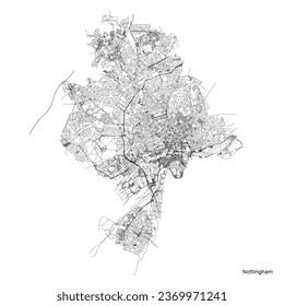 Mapa de la ciudad de Nottingham con carreteras y calles, Reino Unido. Ilustración del contorno del vector.