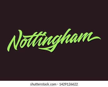 Nottingham hand made calligraphic lettering in original style. European city typographic script font for prints, advertising, identity. Hand drawn touristic art in high quality. Travel and adventure