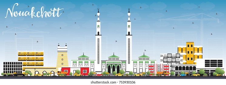 Nouakchott Mauritania Skyline with Color Buildings and Blue Sky. Vector Illustration. Business Travel and Tourism Concept with Modern Architecture.