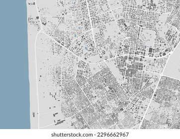 Nouakchott, Mauritania, vector map. Detailed map of Nouakchott city administrative area. Cityscape panorama. Royalty free vector illustration. Outline map with buildings, water, forest. 
