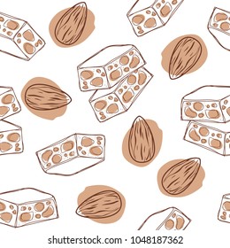 Nougat with almond seamless pattern. Vector illustration.