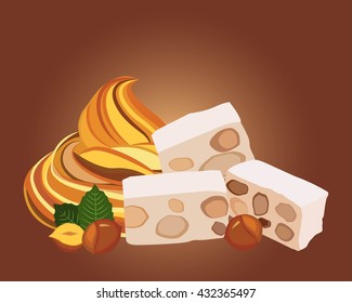 Nougat with caramel and nuts.