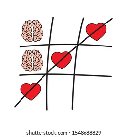 Noughts and Crosses game with hearts and brains, vector