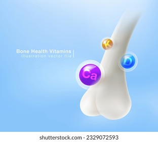 Nourish bones with nutrition and Vitamin D, Calcium, Magnesium. Bone protection medical or health concept. Realistic vector file.