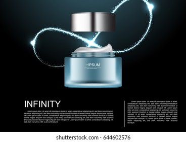 Nourishing night cream with infinity light on dark green background vector cosmetic ads concept design