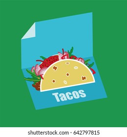 Nourishing Taco with Slices of Tomatoes, Sausage, Bow and Salad Leaves. Vector Illustration