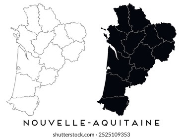 Mapa de Nouvelle Aquitaine de regiões distritos vetor preto em branco e contorno