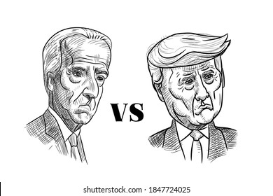 Nov 5, 2020, Bangkok, Thailand: Caricature Drawing Portrait Of Republican Donald Trump Vs Democrat Joe Biden, Sad Face, For American President Election 2020. 