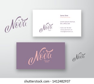 Nova Inscription Abstract Vector Logo and Business Card Template. Premium Stationary Realistic Mock Up. Premium Quality Hand Drawn Lettering with Star Silhouette. Isolated.